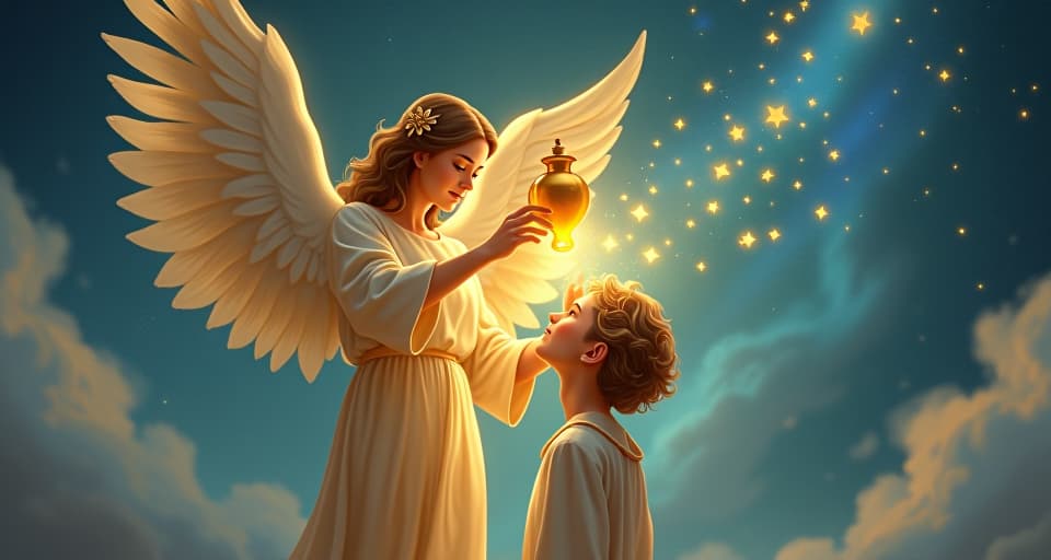  a radiant angel pouring luminous oil from a golden vessel onto a figure's head, their expression serene and empowered. the background is a celestial landscape filled with bright, twinkling stars, symbolizing a fresh outpouring of divine grace.. the style is digital art illustration,highly detailed, whimsical,magical, dreamlike atmosphere, realism and fantasy blend, smooth, glossy textures,luminous quality, wonder and enchantment.