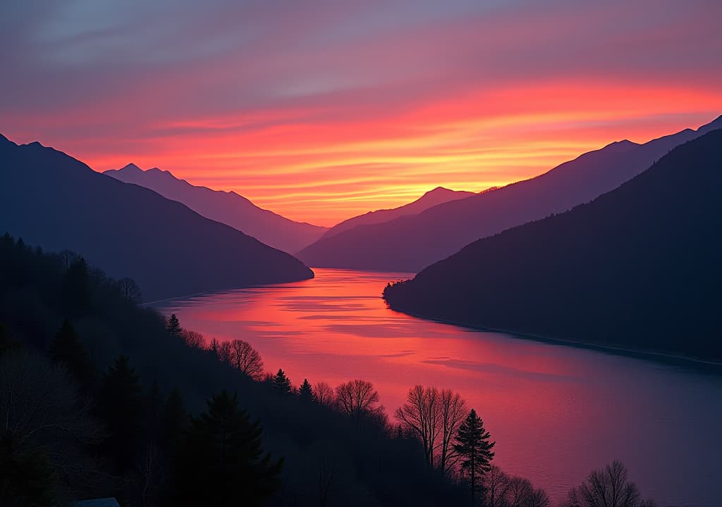  sunset over the river ai generative hd 8k wallpaper stock photographic image. sunrise over the mountains and river 4k hd quality photo. beautiful landscape wallpaper, hd background wallpaper,