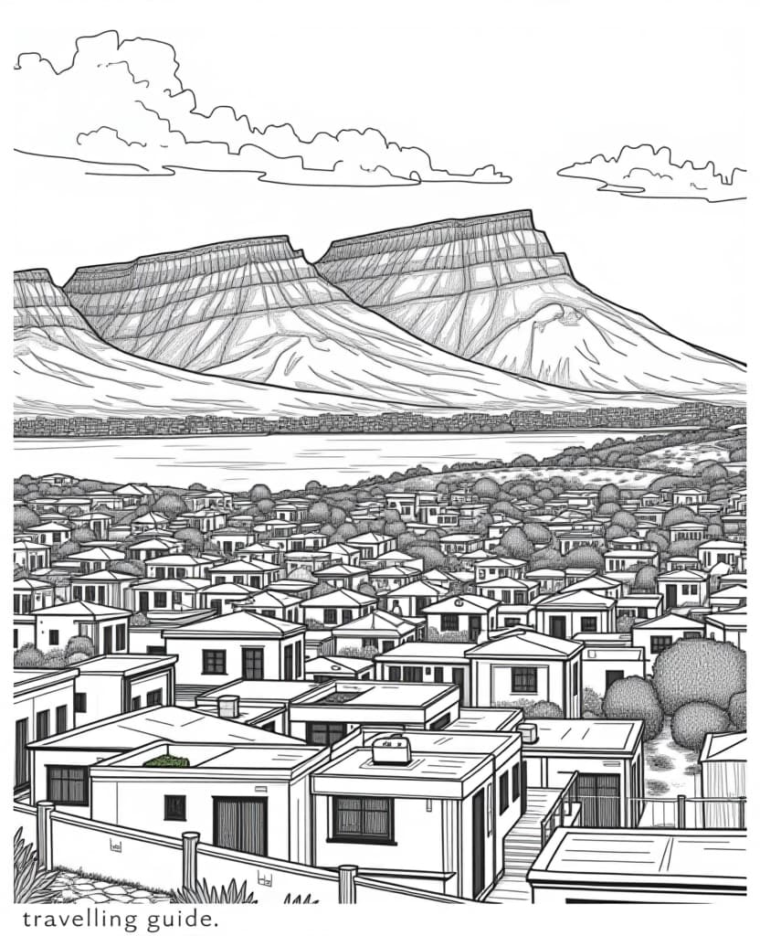  line art drawing a comic book cover for a south africa travel guide capetown landscape the title of the comic has the text "capetown" at the top of the page. at the bottom of the page it says "travelling guide" . professional, sleek, modern, minimalist, graphic, line art, vector graphics hyperrealistic, full body, detailed clothing, highly detailed, cinematic lighting, stunningly beautiful, intricate, sharp focus, f/1. 8, 85mm, (centered image composition), (professionally color graded), ((bright soft diffused light)), volumetric fog, trending on instagram, trending on tumblr, HDR 4K, 8K