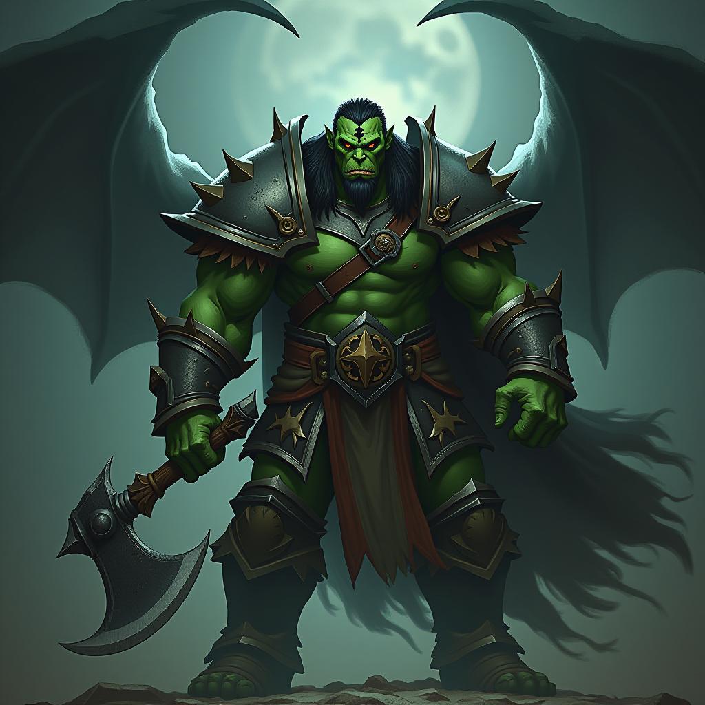  concept art a large green orc in armour with a black tattoo over his eye, a large axe in his hands, swirls of black necrotic energy behind him . digital artwork, illustrative, painterly, matte painting, highly detailed