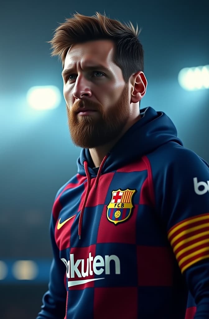  lionel messi chat hyperrealistic, full body, detailed clothing, highly detailed, cinematic lighting, stunningly beautiful, intricate, sharp focus, f/1. 8, 85mm, (centered image composition), (professionally color graded), ((bright soft diffused light)), volumetric fog, trending on instagram, trending on tumblr, HDR 4K, 8K