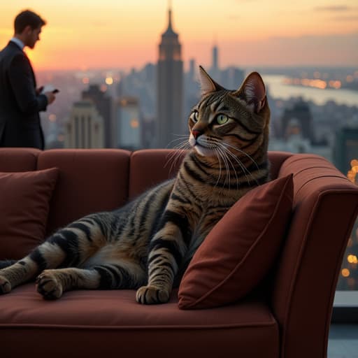  amidst a bustling cityscape at dusk, a luxurious penthouse balcony serves as the stage for a unique encounter. hemule, the anthropomorphic light brown tabby cat, lounges elegantly on a plush velvet chaise longue, exuding an air of confidence and sophistication. his fur, a mesmerizing blend of brown, black, and grey stripes, catches the fading sunlight, accentuating the intricate patterns that adorn his sleek coat. hemule's striking green eyes gleam with intelligence and mischief as he gazes towards the horizon, a testament to his unrivaled prowess in the feline realm. in the foreground, a figure emerges from the shadows, unmistakably the renowned innovator and crypto enthusiast, vitalik. dressed hyperrealistic, full body, detailed clothing, highly detailed, cinematic lighting, stunningly beautiful, intricate, sharp focus, f/1. 8, 85mm, (centered image composition), (professionally color graded), ((bright soft diffused light)), volumetric fog, trending on instagram, trending on tumblr, HDR 4K, 8K