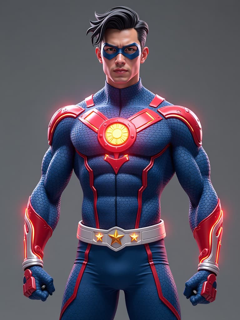  full body photorealistic handsome hunky young slender futuristic male filipino hero with black hair wearing blue and red micro scales textured spandex fabric costume, white stylized belt with three embossed stars, embossed sun on the chest, stylized eyemask,,, his body is covered with bursting energy in action,,, face front camera focus . in 3d, disney cartoon style