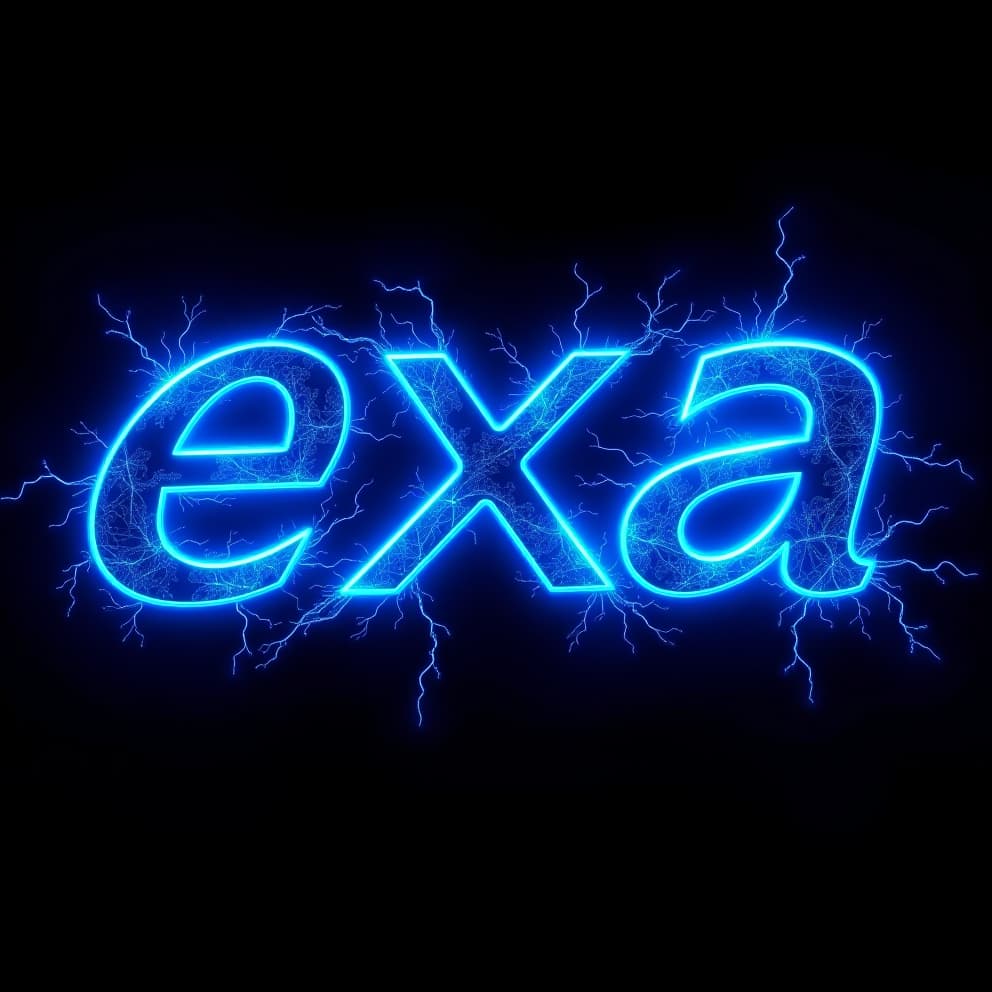  a dynamic, neon infused text design of "exa edge" in a bold, futuristic font, rendered in a vibrant electric blue, with the text pulsing and shimmering against a black background, creating an electrifying and energetic effect. capture the essence of flux and digital dynamism, with an emphasis on motion and energy.hyper detail, intricate details, sharp focus, high resolution, 8k, ultra detailed, vib