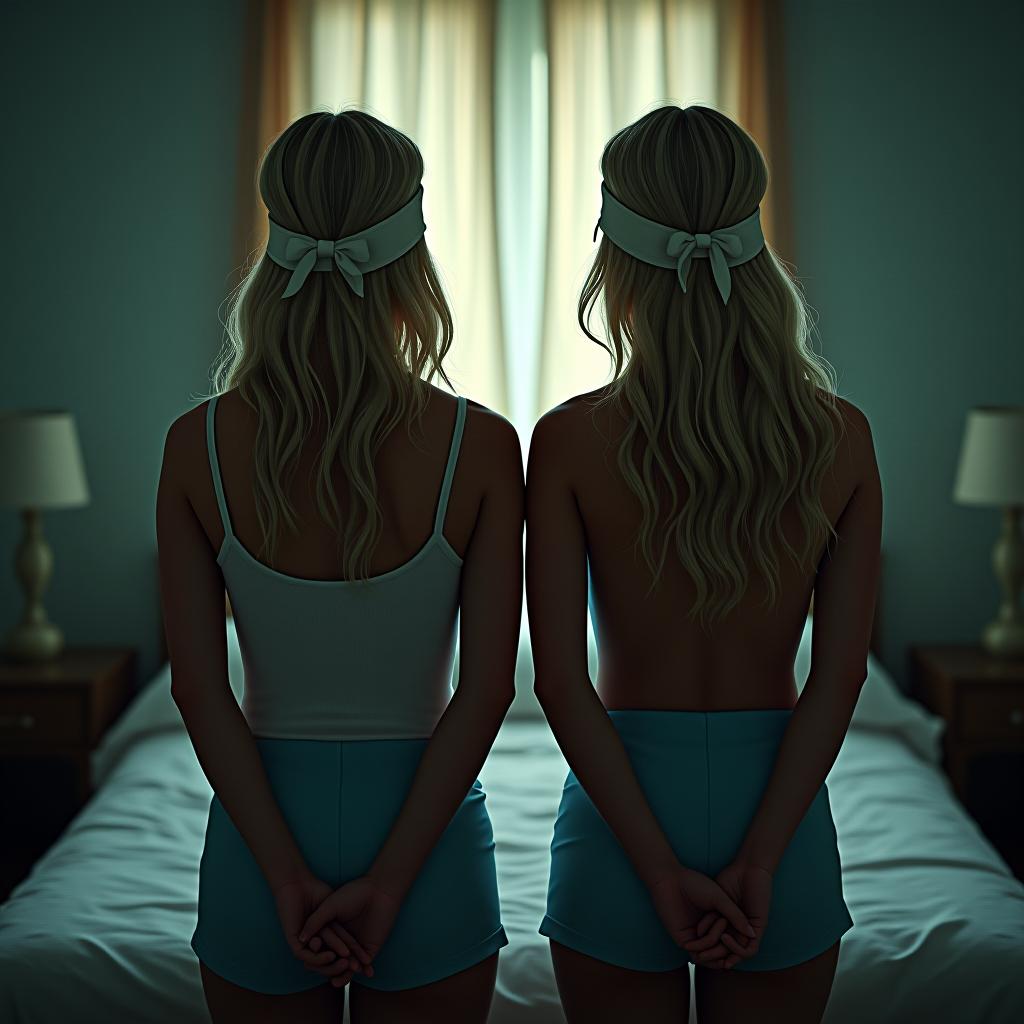  sylvia and crystal , blonde hair, standing with hands behind their backs in a bedroom, wearing blindfolds cinematic lighting, social realism, , surgical mask, sad, photo realistic, highly intricate and detailed, masterpiece, ultra high res,photography,8k resolution