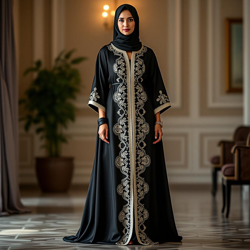  create an image of a full body woman wearing an abaya with three quarter sleeves, designed for loungewear, made of glossy silk fabric with embroidered patterns in black (rgb(0,0,0)) and white (rgb(247,247,247)), adorned with decorative embellishments; position her standing gracefully in a luxurious indoor setting to highlight the texture and elegance of the garment.