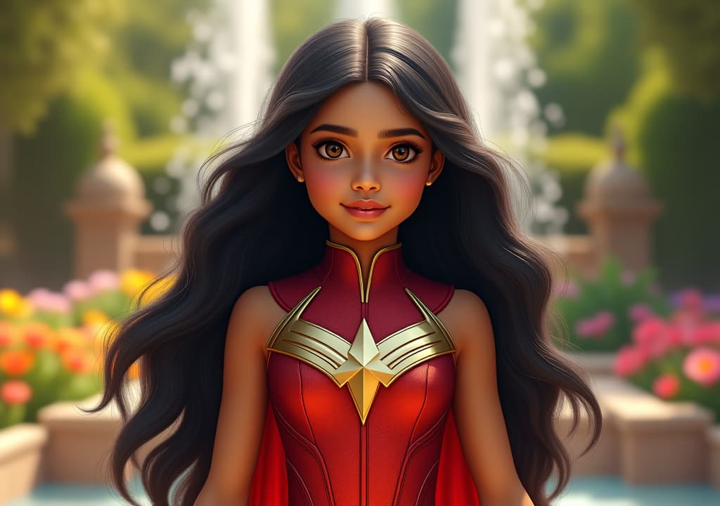  a hyper realistic image of a beautiful, cute indian marvel superhero girl with fair white skin. she has long, flowing black hair and wears a vibrant red and gold costume adorned with intricate indian patterns. she stands confidently in front of a lush, serene garden filled with colorful flowers and sparkling water fountains, the sunlight highlighting her radiant complexion, masterpiece,