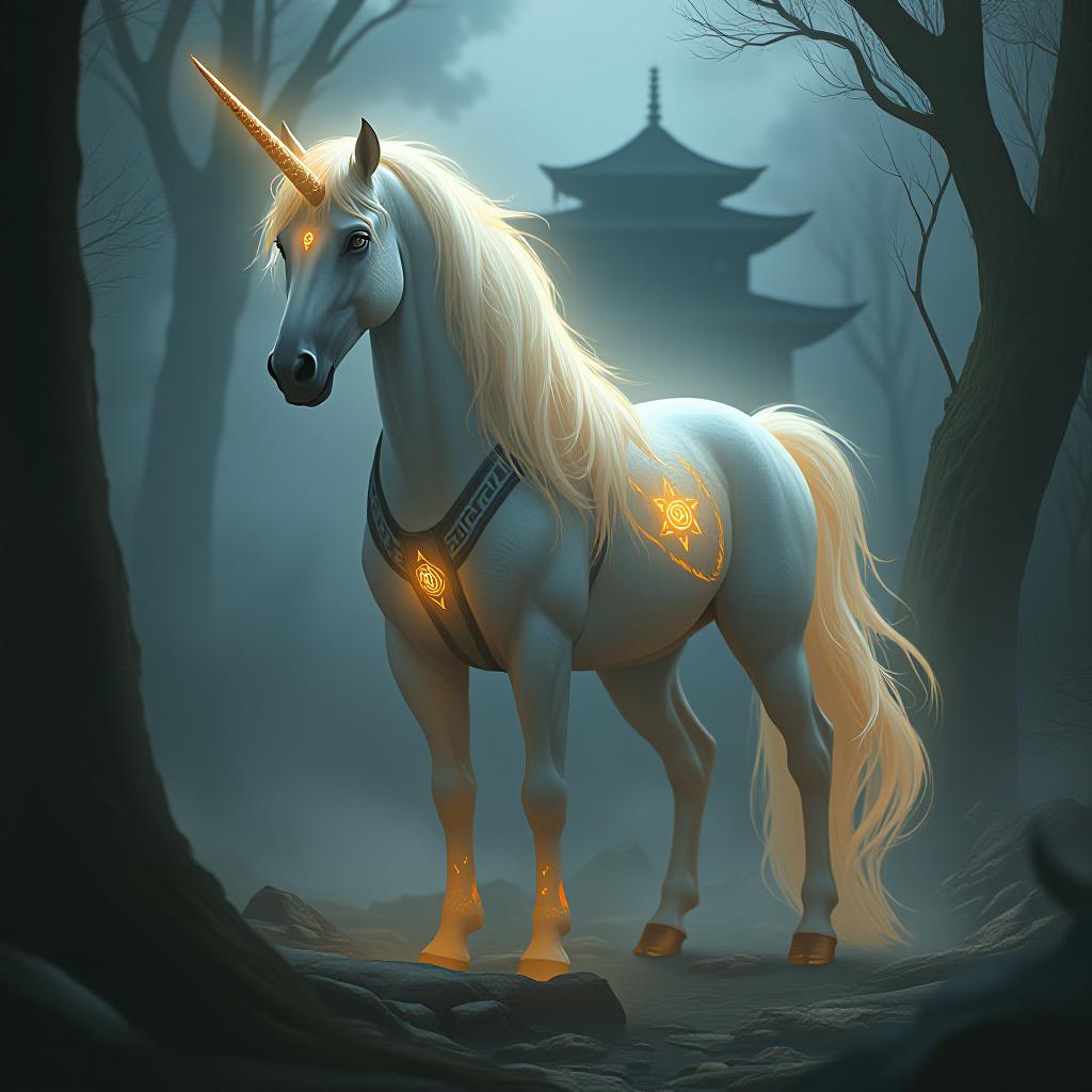  prompt": "a mystical unicorn that embodies the spirit of a warrior and a ninja, glowing with an ethereal light. the unicorn has a strong, muscular build with a flowing, radiant mane adorned with ancient glowing symbols. it stands in a shadowy forest, surrounded by mist, with the faint outline of an ancient temple in the background. the unicorn's eyes are fierce and determined, showing both wisdom and strength. it wears subtle ninja armor, with katana blades strapped to its side and shuriken partially hidden in its mane. the scene captures the essence of spirituality, stealth, and warriorship." } 4o chatgpt du sagde: make promt over chariots angelic of unicorn's chatgpt sagde: chatgpt here is a detailed prompt for generating an image: