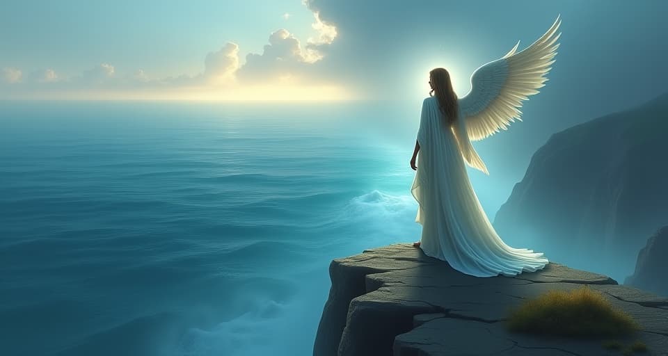  ethereal angel in flowing robes, standing on a luminous cliff overlooking a vast ocean, the horizon glowing with endless light, atmosphere of enduring and steadfast presence. the style is digital art illustration,highly detailed, whimsical,magical, dreamlike atmosphere, realism and fantasy blend, smooth, glossy textures,luminous quality, wonder and enchantment.