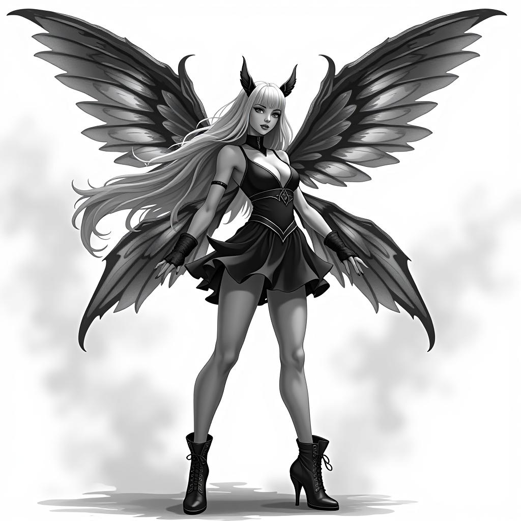  fighting game style the black white vector contour of a beautiful and stubborn with wings and a high quality face, the fairy is full of growth in a and model pole, the shoes in very high beds, in a short dress with very long light hair . dynamic, vint, action packed, detailed character design, reminiscent of fighting video games hyperrealistic, full body, detailed clothing, highly detailed, cinematic lighting, stunningly beautiful, intricate, sharp focus, f/1. 8, 85mm, (centered image composition), (professionally color graded), ((bright soft diffused light)), volumetric fog, trending on instagram, trending on tumblr, HDR 4K, 8K