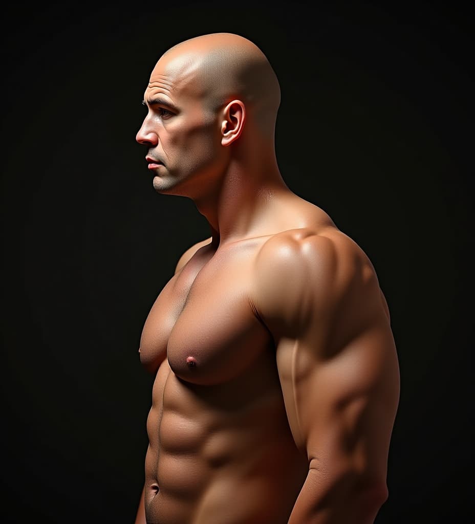  realistic photo of the profile muscular bald man 50 years with huge pecs