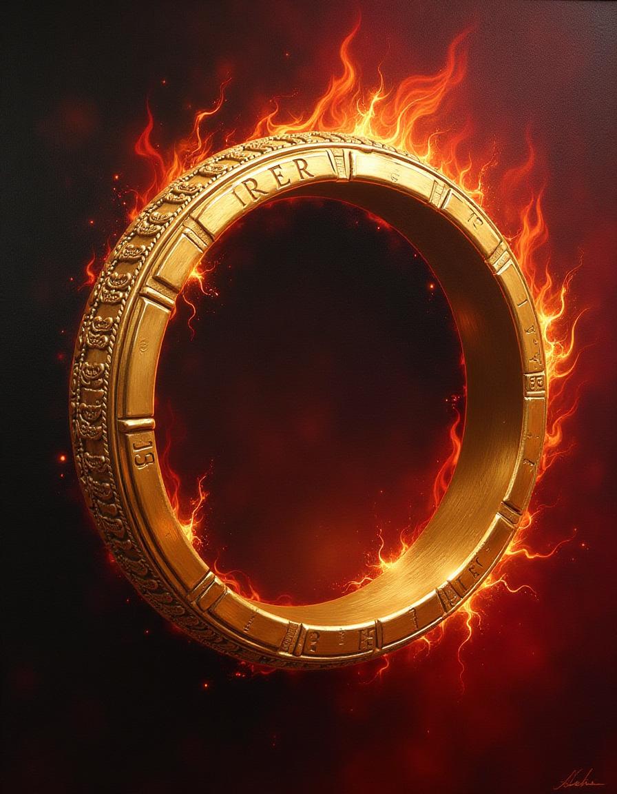  hyperrealistic art masterpiece. painting. oil painting.(the lord of the rings.(the ring of power, the signet ring of the pope, gold, shiny, smooth, polished, with patterns, with inscriptions on the background of burning red flames, the face of frodo1.5)). high detail, high quality. high resolution. . extremely high resolution details, photographic, realism pushed to extreme, fine texture, incredibly lifelike