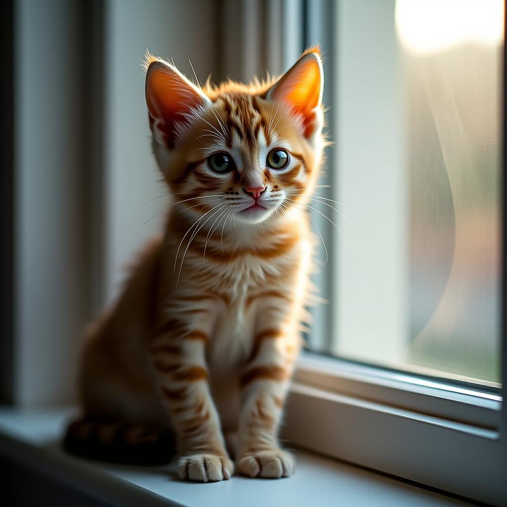  a small kitten is sitting on the window.