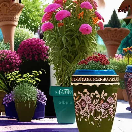 EMABIS inscribed on beautiful flower pots in a flower garden