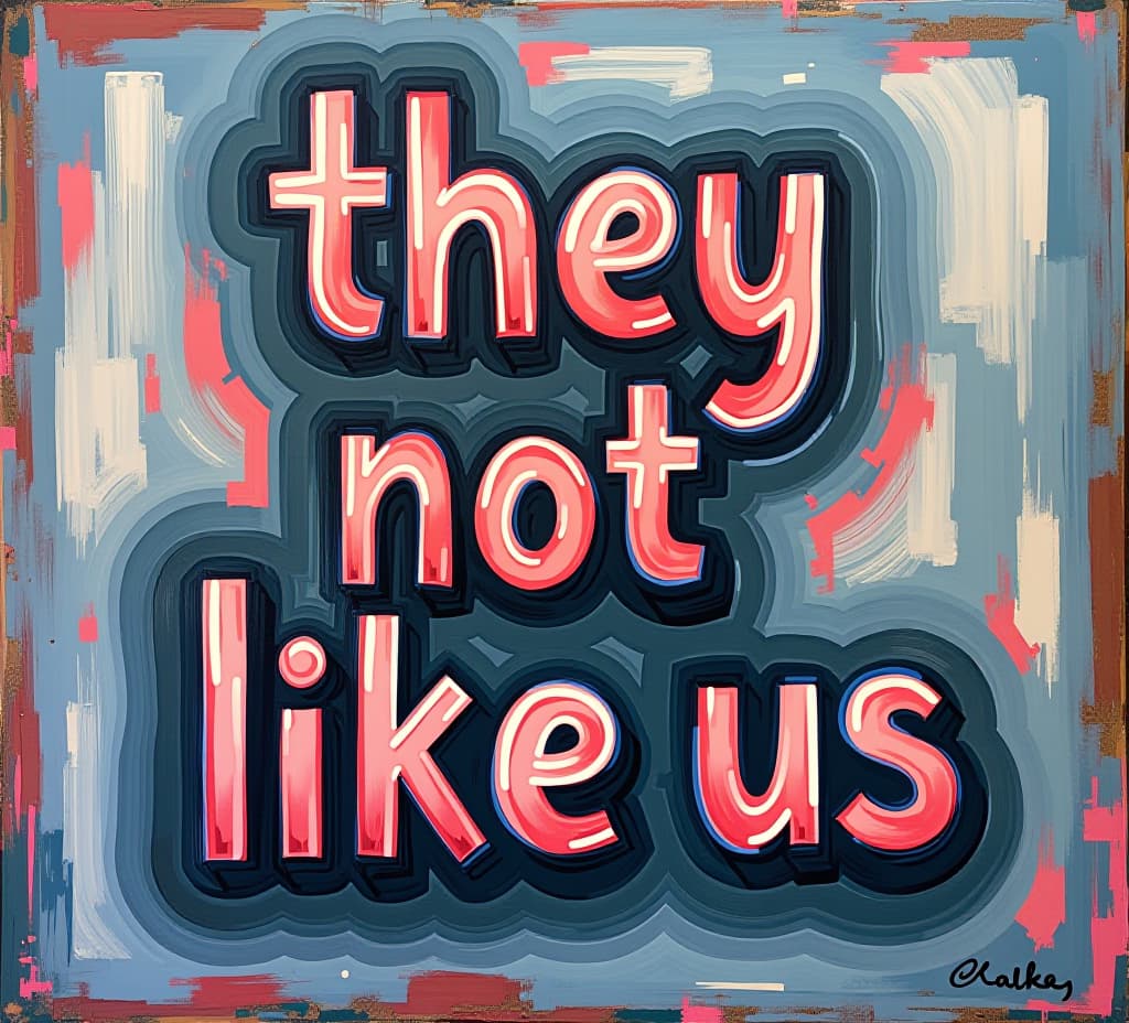  a stylish and creative painting of a text that says "they not like us".