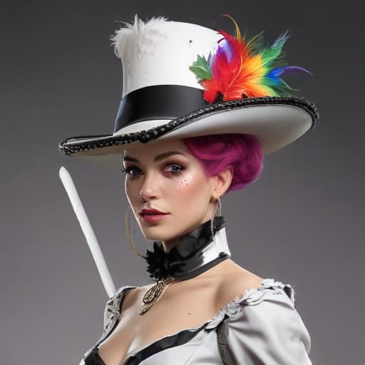 Rainbow drag queen cowboy top hat and headdress tuxedo with spur white Elizabethan collar wand parasol, steampunk, concept art, digital painting, artstation, dynamic lighting, ultra detailed, high quality