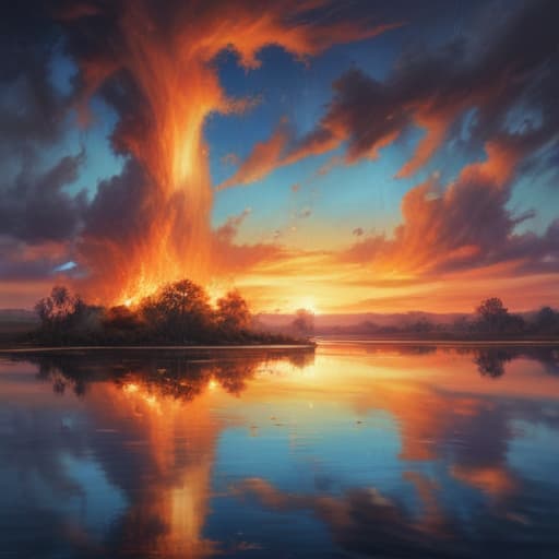 Fire on the water with land and sky in Oil painting style