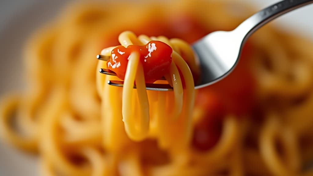  a fork with spaghetti and sauce on it