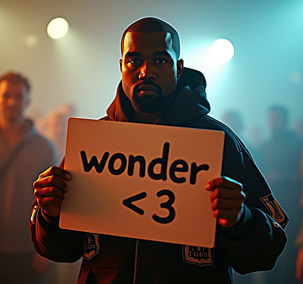  a seriuos kanye west holding a "wonder <3" sign hyperrealistic, full body, detailed clothing, highly detailed, cinematic lighting, stunningly beautiful, intricate, sharp focus, f/1. 8, 85mm, (centered image composition), (professionally color graded), ((bright soft diffused light)), volumetric fog, trending on instagram, trending on tumblr, HDR 4K, 8K