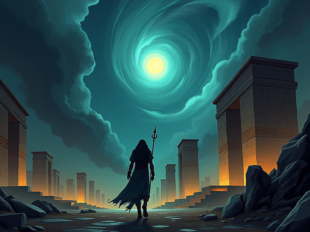  an uneasy scene of ancient ruins under a turbulent night sky, wind blowing fiercely, celestial symbols swirling, representing unsettling energy, imminent change. the style is digital art illustration / modern comic book / mysterious occult, symbolic, esoteric vibe,high detail on character design, incorporating ancient egyptian symbology and attire.