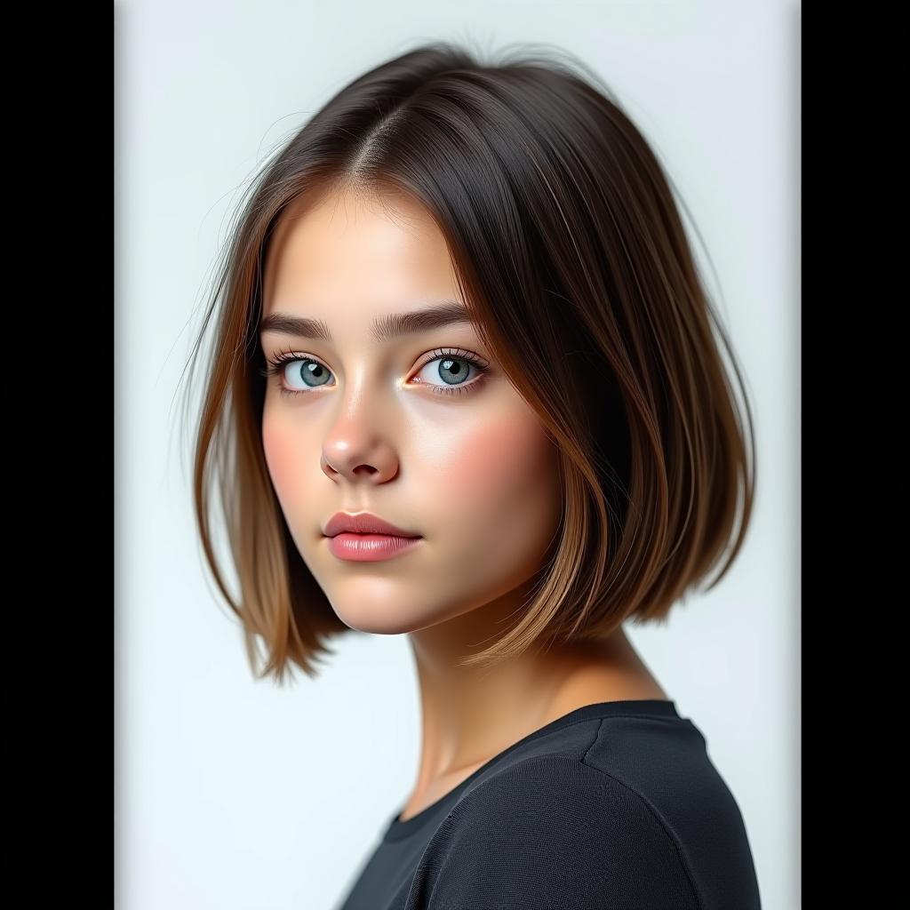  portrait of a girl with shoulder length bob hairstyle, light strands near her face, oval face shape, blue eyes, fair skin, natural makeup, full lips, against a white background, realistic.