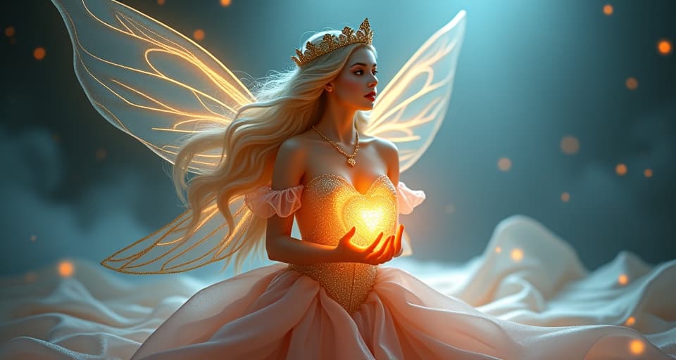  glistening fairy queen with flowing, luminous gown, holding a glowing heart, basking in ethereal light, atmosphere of divine heartbeat and existence. the style is digital art illustration,highly detailed, whimsical,magical, dreamlike atmosphere, realism and fantasy blend, smooth, glossy textures,luminous quality, wonder and enchantment.