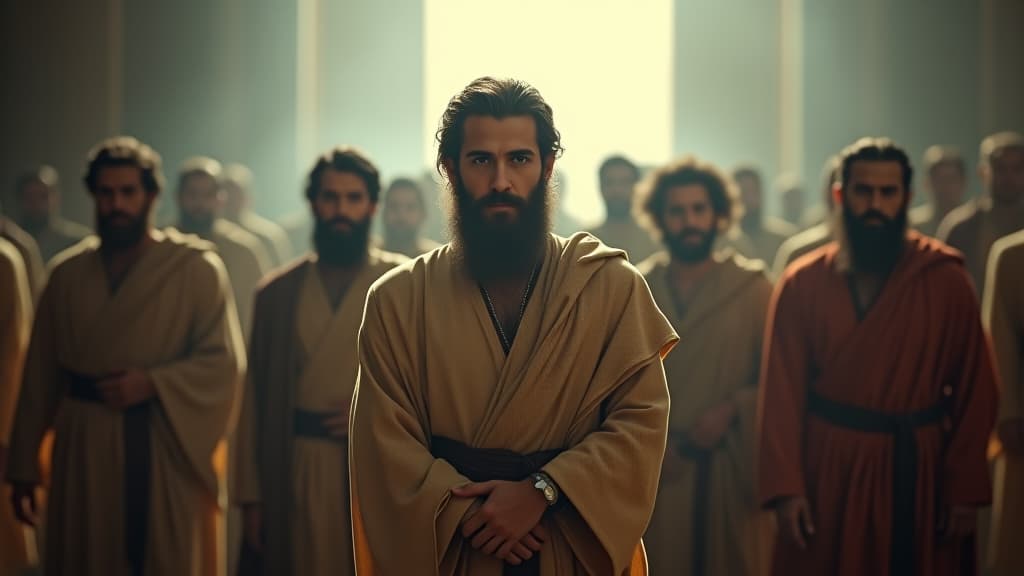  history of biblical times, a visual of aaron and his sons, dressed in priestly attire, refraining from mourning, showcasing their commitment to god despite the loss. hyperrealistic, full body, detailed clothing, highly detailed, cinematic lighting, stunningly beautiful, intricate, sharp focus, f/1. 8, 85mm, (centered image composition), (professionally color graded), ((bright soft diffused light)), volumetric fog, trending on instagram, trending on tumblr, HDR 4K, 8K