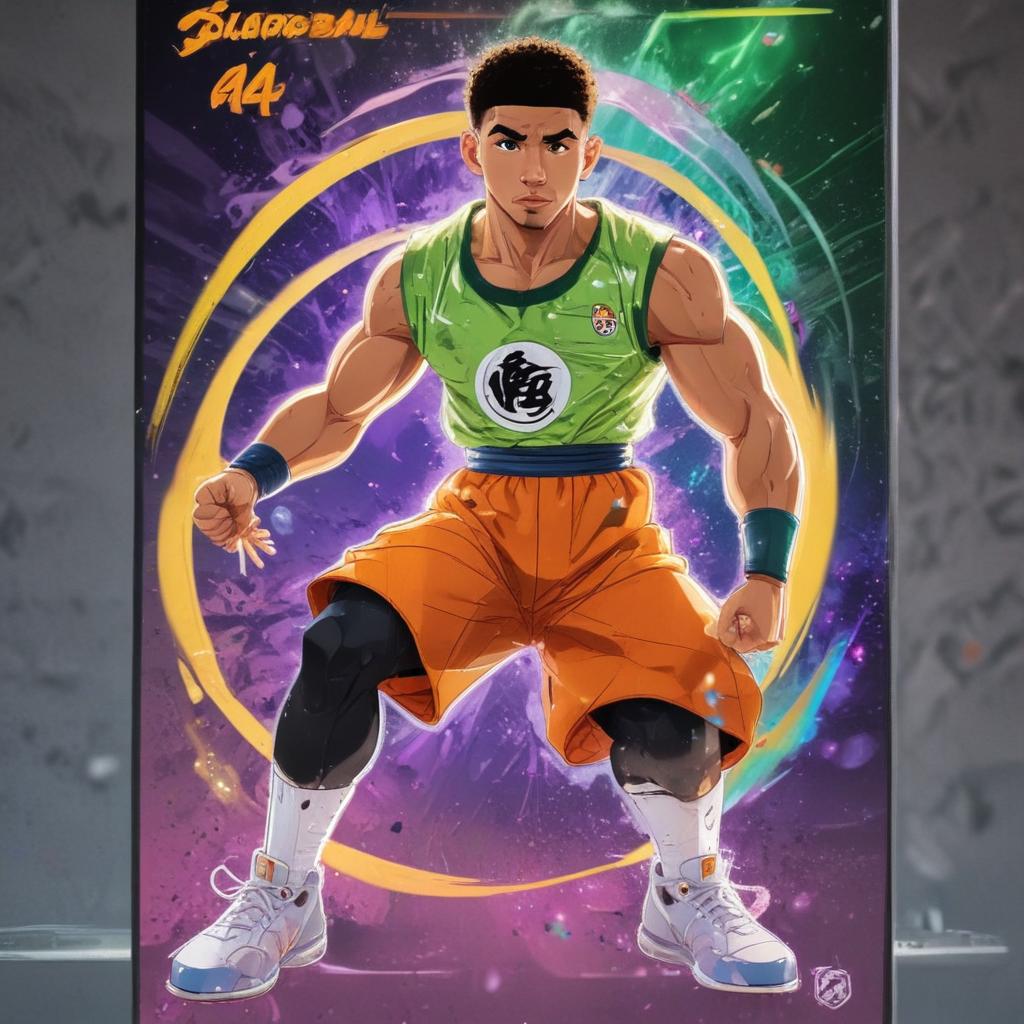 distance-shot, flashy, full-body, dynamic, holographic, animated cartoon poster of jayson tatum in the style of dragon ball super