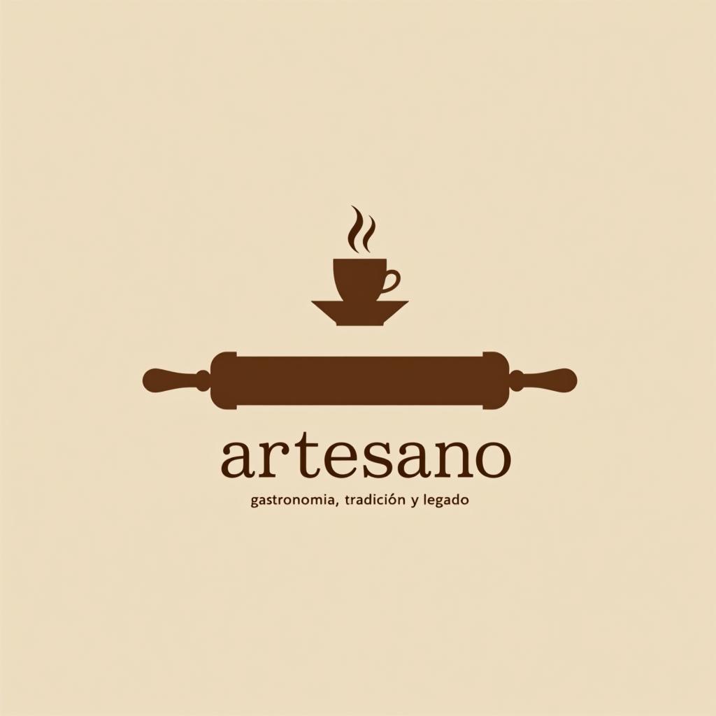  design a logo, marca “artesano” agregar elemento de repostería como rolling pin colores claros tonos cafés minimalista, simple y elegante, with the text 'gastronomía, tradición y legado'.