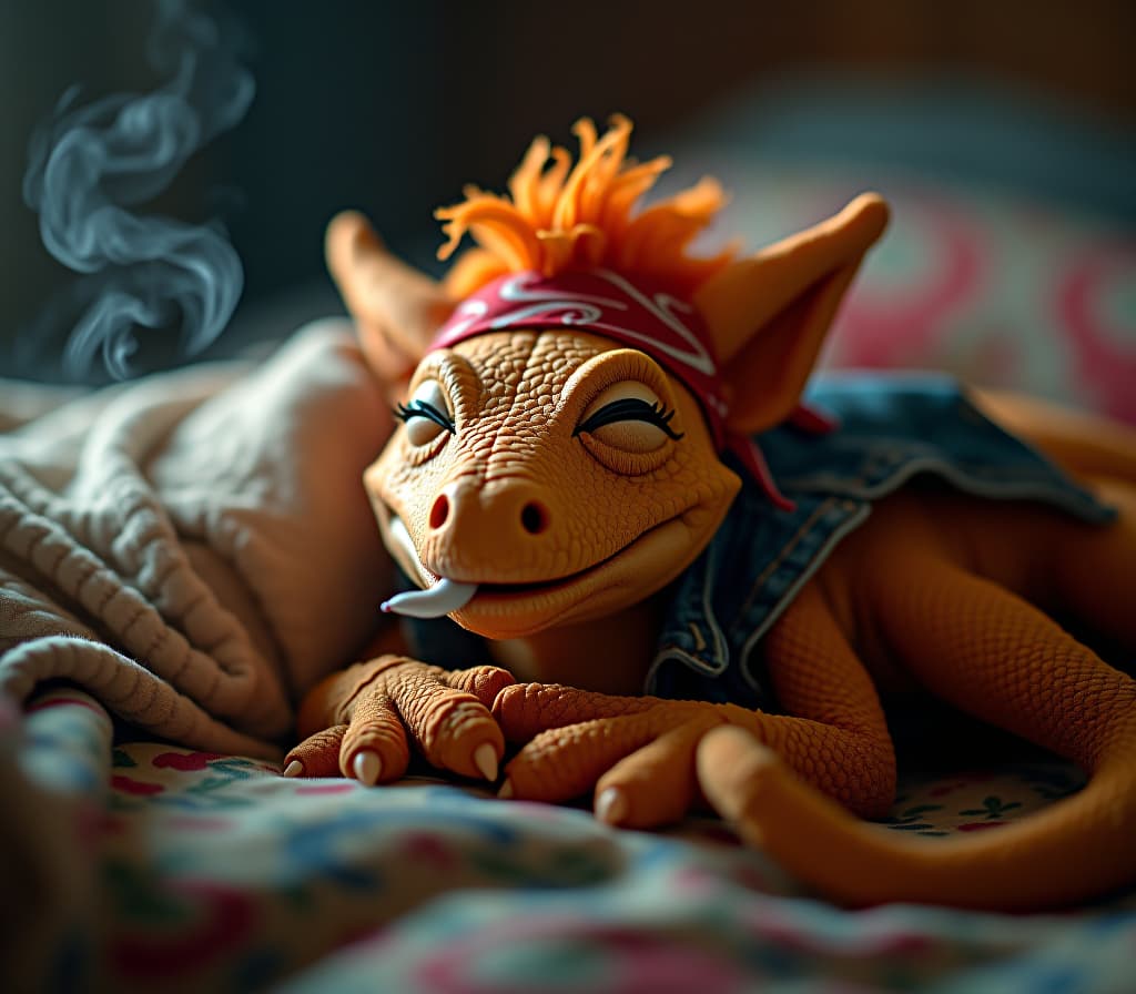  cinematic photo dragon muppet sleeping happily, he dressed as a rock star from the 80's, red bandana, denim vest, crazy hairstyle, a little smoke exits from his nose. the atmosphere is totally relaxing . 35mm photograph, film, bokeh, professional, 4k, highly detailed hyperrealistic, full body, detailed clothing, highly detailed, cinematic lighting, stunningly beautiful, intricate, sharp focus, f/1. 8, 85mm, (centered image composition), (professionally color graded), ((bright soft diffused light)), volumetric fog, trending on instagram, trending on tumblr, HDR 4K, 8K