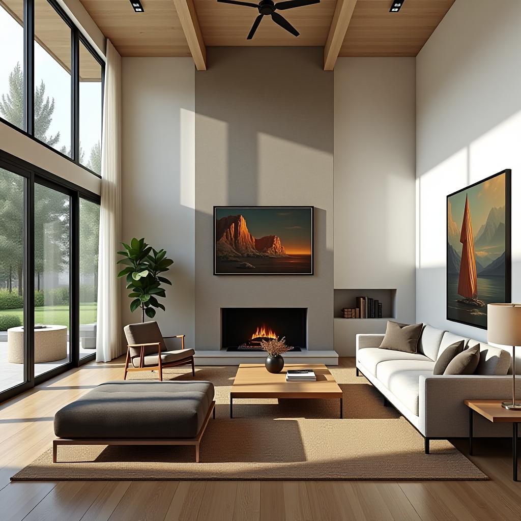  a realistic large living room with high ceilings, big windows, featuring modern style paintings with vintage elements in the interior.