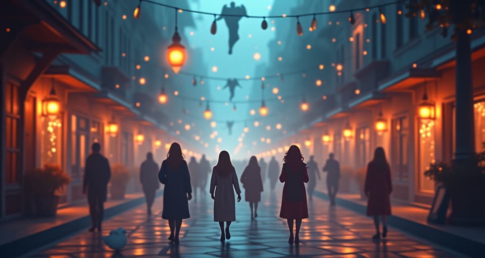  whimsical street with bustling ethereal beings, glowing orbs floating, conversations blurring into a magical background hum, atmosphere of surreal busyness. the style is digital art illustration,highly detailed, whimsical,magical, dreamlike atmosphere, realism and fantasy blend, smooth, glossy textures,luminous quality, wonder and enchantment.