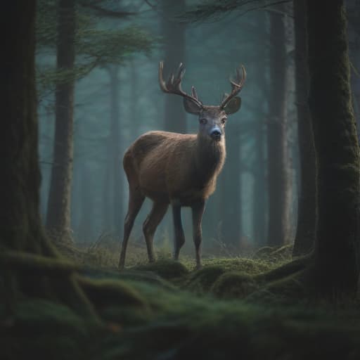 minimal, cinematic, a deer among the trees, forest lake, moss, cold weather, dark teal and amber, Sony A7 IV ,high quality, HD, 8K, trending on artstation, high focus, dramatic lighting