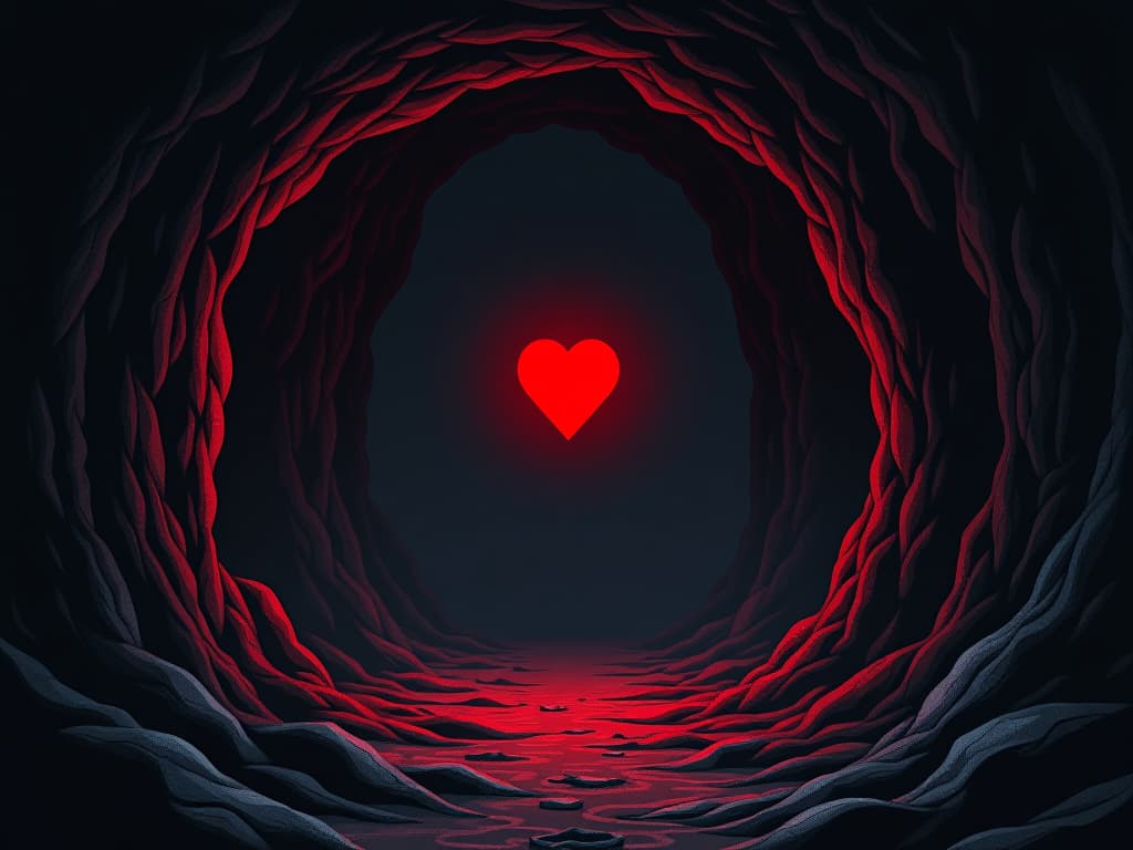  dark cave, glowing red heart within, shadowy recesses, sense of deep introspection. the style is digital art illustration / modern comic book / graphic dark novel fantasy and mysterious occult, symbolic, moody lighting, esoteric vibe,high detail on character design. for the color scheme emphasize blacks and reds.