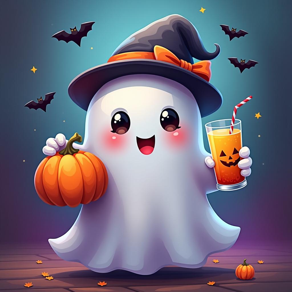  create a digital painting featuring a cute ghost character. the ghost should be wearing a hat. in one hand, the ghost should hold a pumpkin with a carved face, and in the other hand, a halloween themed drink. the background should be colorfull and include small black bats and stars to add a playful halloween touch. the overall style should be cute, whimsical, and colorful hyperrealistic, full body, detailed clothing, highly detailed, cinematic lighting, stunningly beautiful, intricate, sharp focus, f/1. 8, 85mm, (centered image composition), (professionally color graded), ((bright soft diffused light)), volumetric fog, trending on instagram, trending on tumblr, HDR 4K, 8K