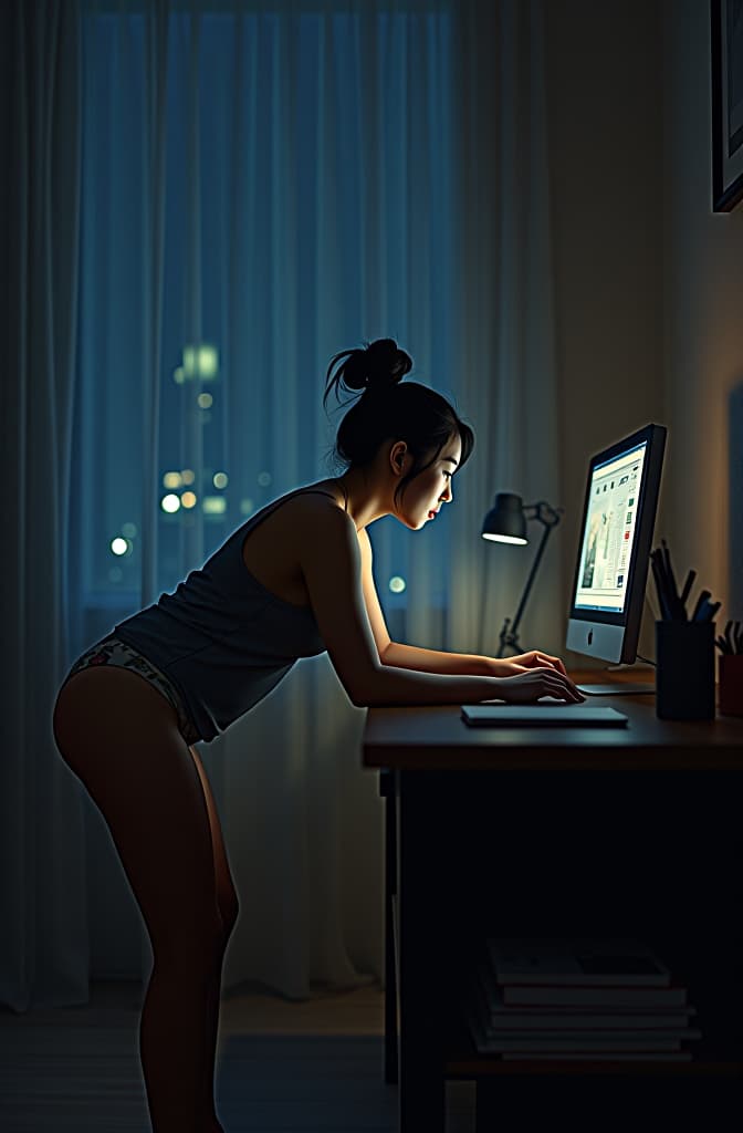  extremely detailed brush strokes, (masterpiece), best quality:1.5, perfect face:1.9, wide angle shot, low angle view, tall [curvy] chinese:korean woman with strong features and hair in a bun stands at a desk leaning over a computer and working intently at night, lit by light of computer, wearing grey camisole and floral underwear, barefoot, in a dark modern loft:studio apartment, dramatic light , high quality high detail painting by lucian freud, hd, photorealistic lighting, style of van gogh