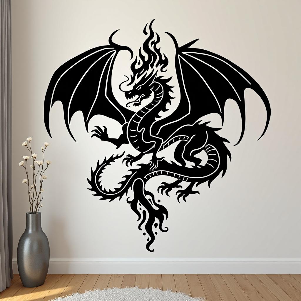  design a logo, design de sticker personnalisé sur un fond noir isolé décoré de dragons mythiques et d'une épée enflammée