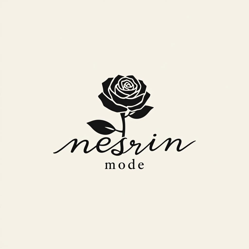  design a logo, erstelle mir ein logo für ein kleider laden elegant schwarz und weiss mit dem namen und eine rose über das bild laufend , with the text 'nesrin mode '.