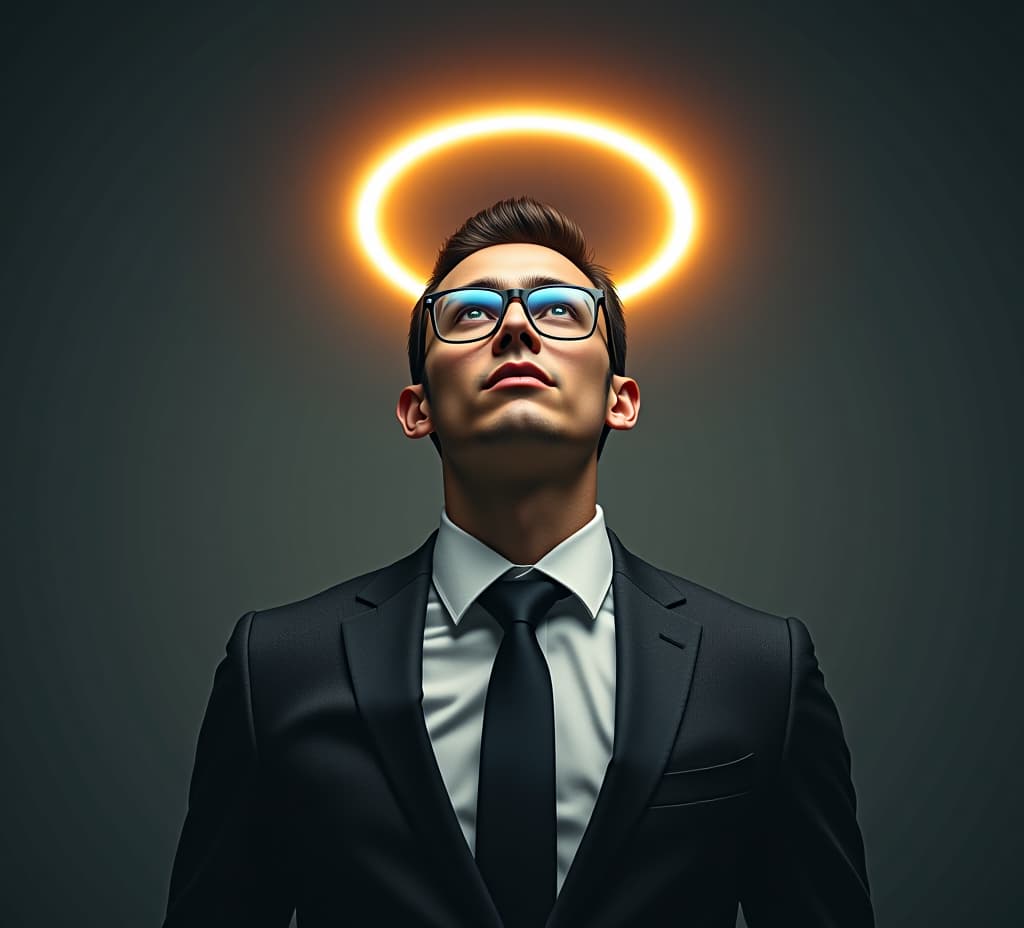  arrogant young narcissist man in a fashion suit and in glasses looking up at camera and a halo glows above his head. male narcissism concept