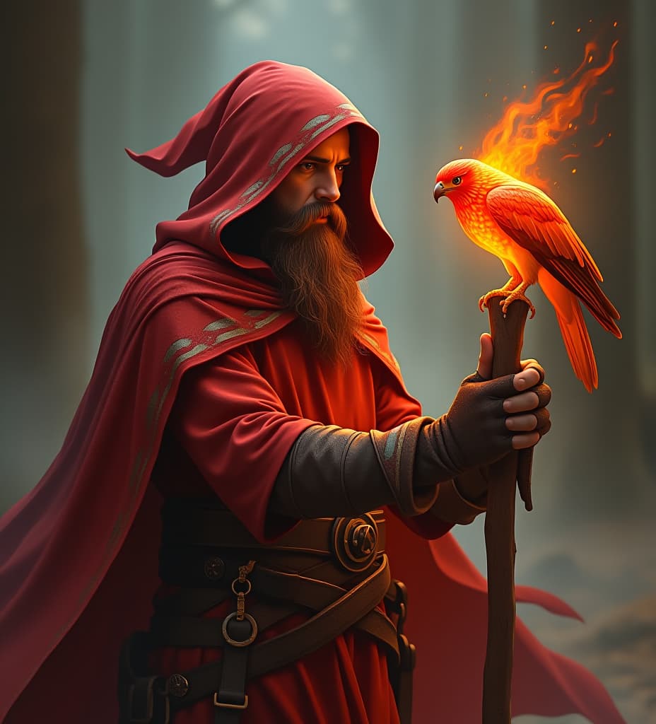  male fire wizard, in hood, red clothes, with fire familiar bird, with magic staff