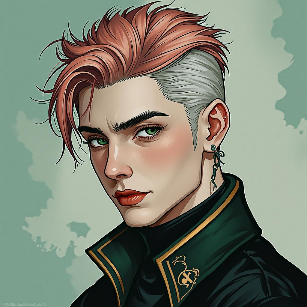  justin firei (male muscular ) pure blood age 19 same age as draco malfoy slytherin house (black green and silver ) protronus : albino jaguar july 23 height :6’2 slick back hair pinkish brown , eyes light green, award winning, professional, highly detailed, masterpiece