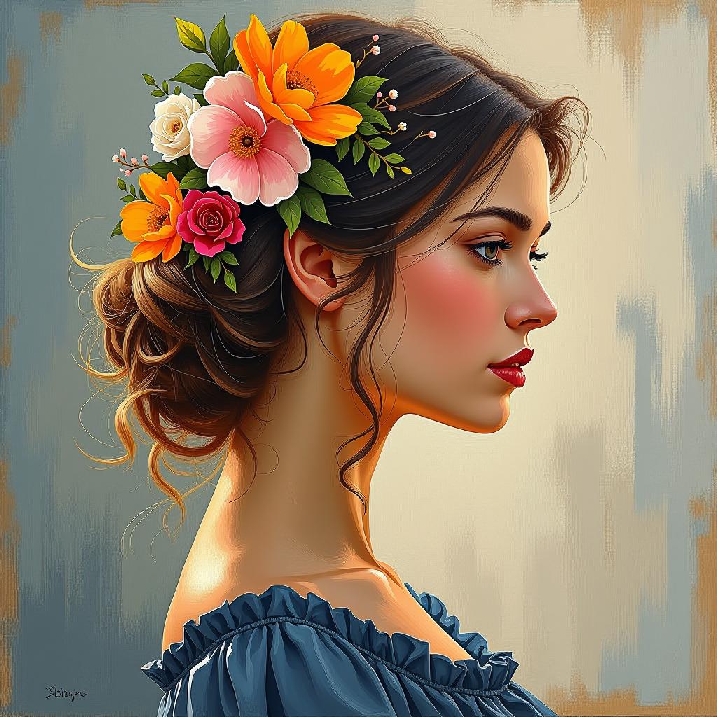  impressionist painting oil painting. rough relief image . relief canvas. in the style of a fly, modern, a young slavic woman with a light hairstyle decorated with flowers. . loose brushwork, vibrant color, light and shadow play, captures feeling over form