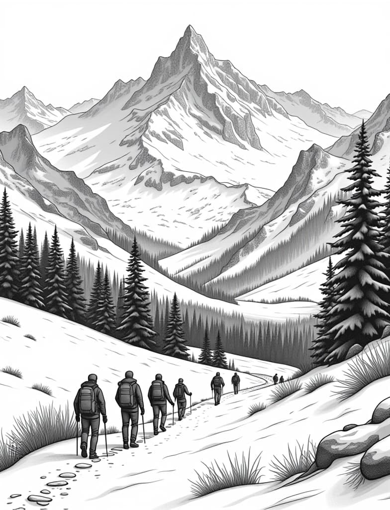  this is for an adult coloring page. a detailed black and white line art of a snowy snow covered valley with a group of hikers walking on a solid white background.