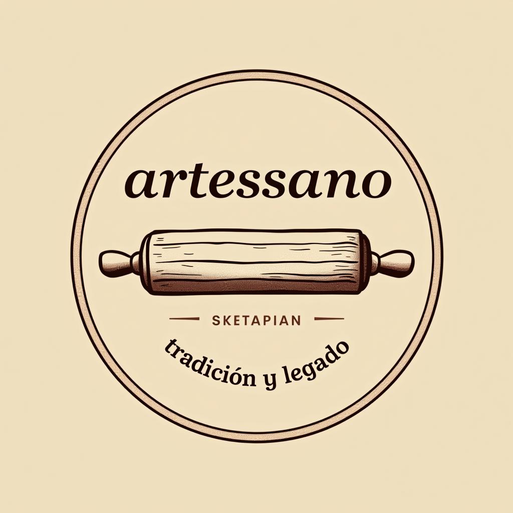  design a logo, in a pencil style. “artessano” simple and elegant design circular design light and brown tones use a rolling pin image , with the text 'tradición y legado'.