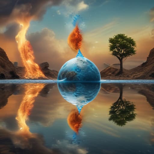 An image of earth, air, water and fire in Surrealist style