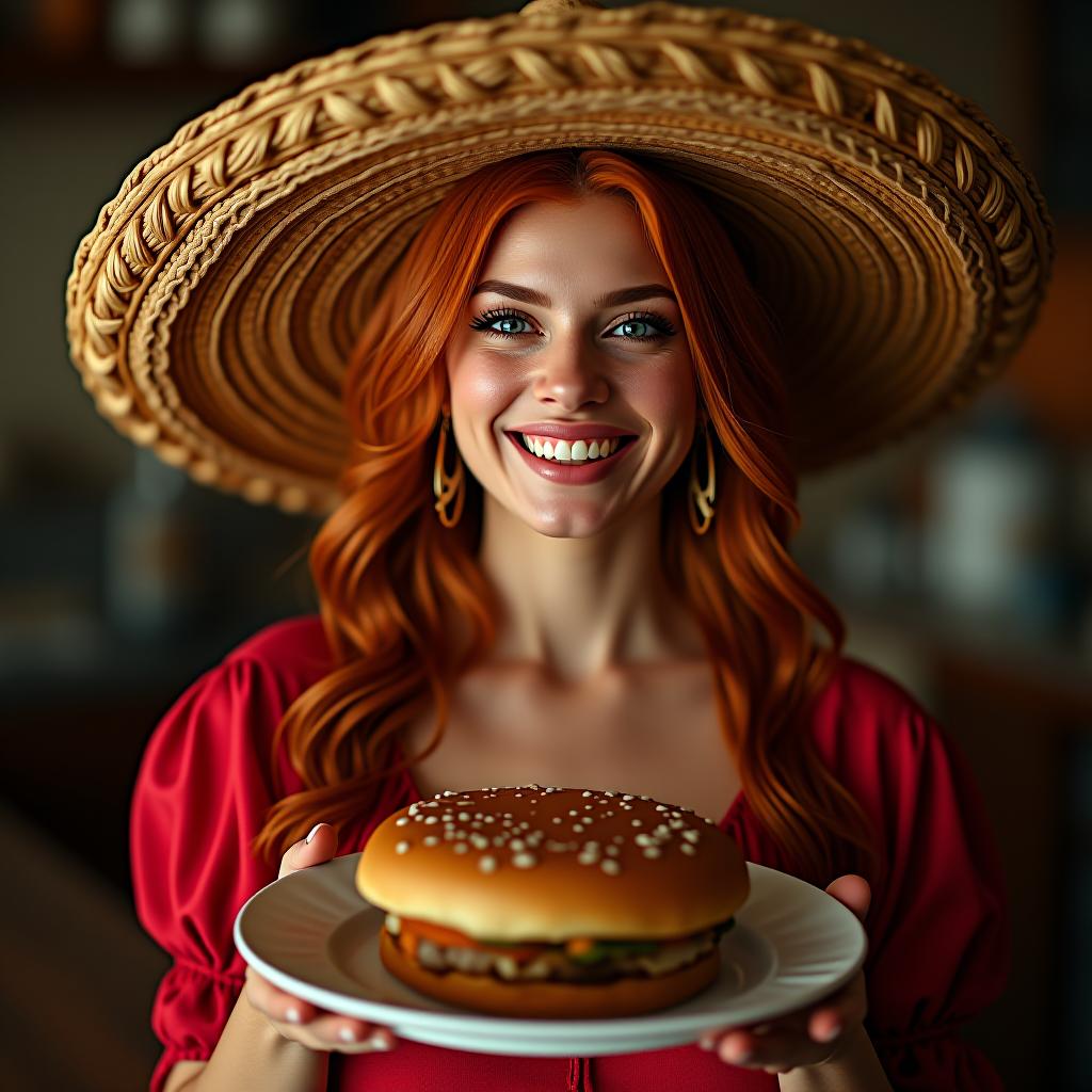  a beautiful woman with ginger hair and a sombrero hat smiling and holding a pidor plate. hyperrealistic, full body, detailed clothing, highly detailed, cinematic lighting, stunningly beautiful, intricate, sharp focus, f/1. 8, 85mm, (centered image composition), (professionally color graded), ((bright soft diffused light)), volumetric fog, trending on instagram, trending on tumblr, HDR 4K, 8K