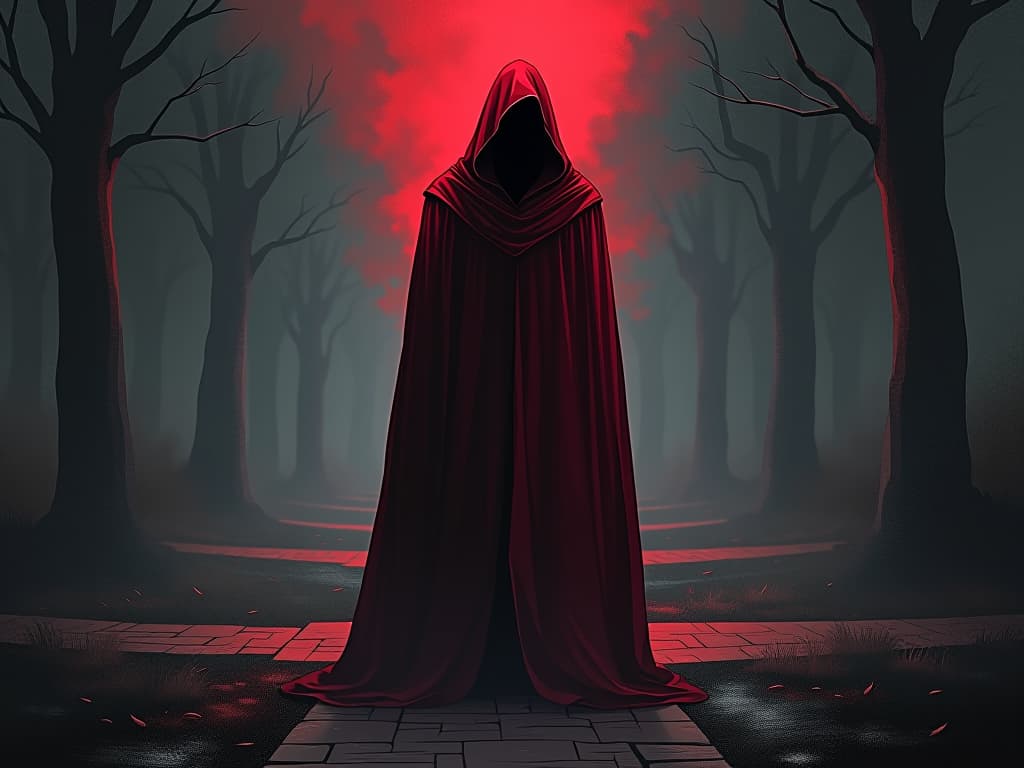  red clad figure, shadowed face, standing at crossroads, multiple paths surrounding, mood of contemplation and realization. the style is digital art illustration / modern comic book / graphic dark novel fantasy and mysterious occult, symbolic, moody lighting, esoteric vibe,high detail on character design. for the color scheme emphasize blacks and reds.