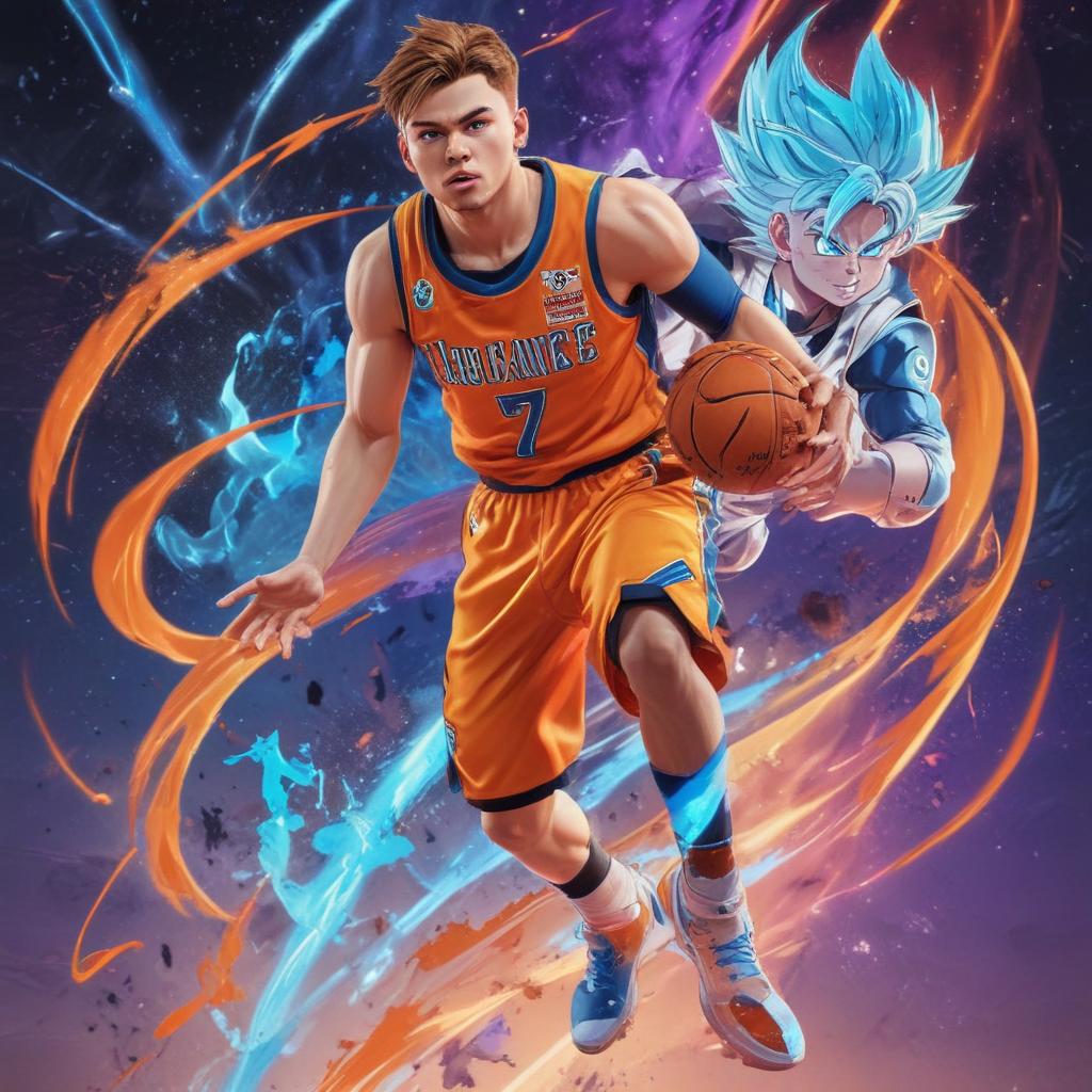 distance-shot, flashy, full-body, dynamic, holographic, animated cartoon poster of luka doncic in the style of dragon ball super