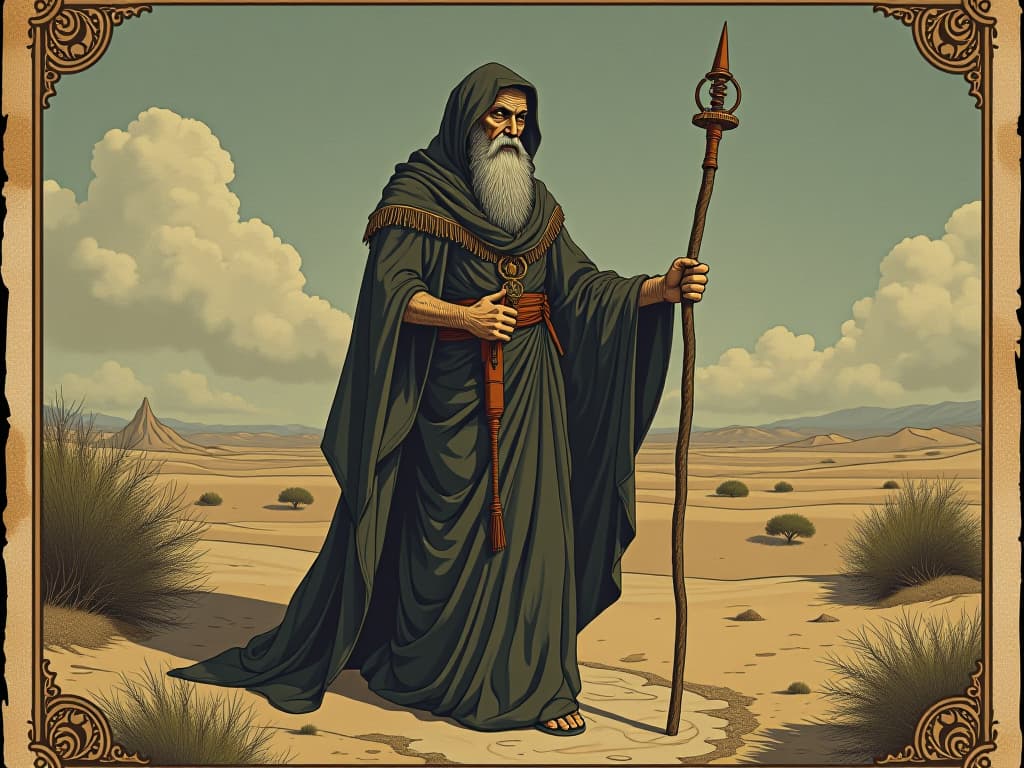  ancient water diviner, flowing robes, face marked with age, holding dowsing rods, desert landscape, determination, mystical. an illustration in the style of a worn, mystical old tarot trump card, mysterious and elements of surrealism. the colors are muted, somber and eerie, but with contrast bring out an occult and esoteric vibe.