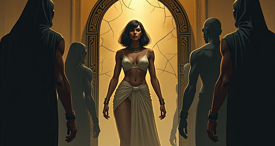  a cracked mirror reflecting a large busted goddess in sheer clothing, surrounded by shadows of defeated figures, powerful and intimidating, symbols of strength. the style is digital art illustration / modern comic book / mysterious occult, symbolic, esoteric vibe,high detail on character design, incorporating ancient egyptian symbology and attire.